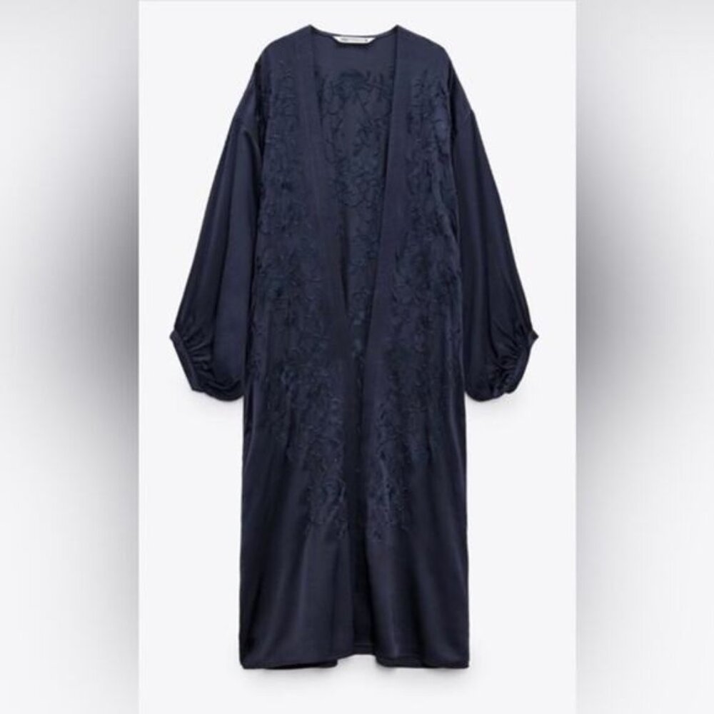 Zara Steel Blue Floral Embroidered Satin Balloon Sleeve Kimono Duster SZ M/L